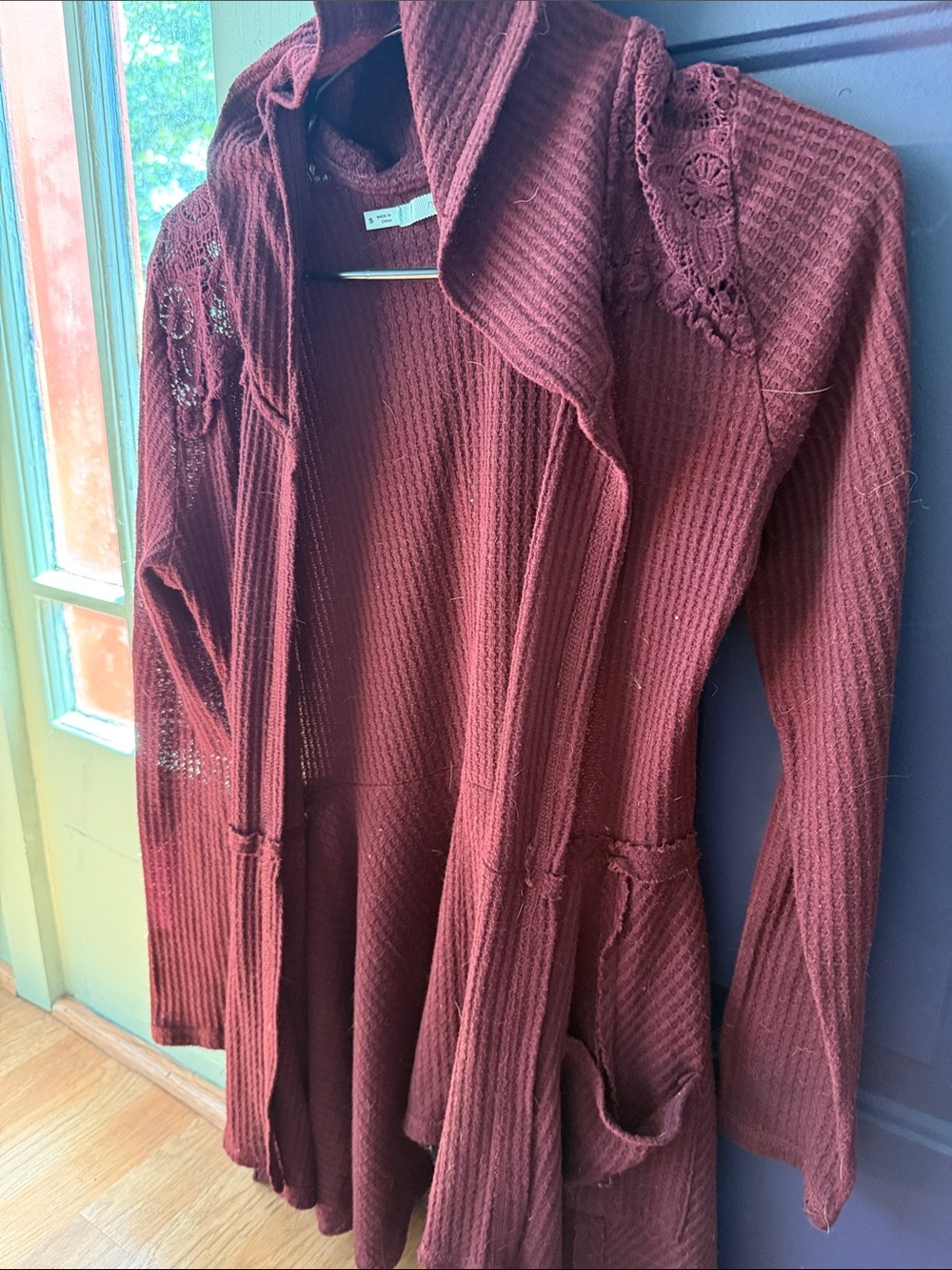 Maurices Maroon Open-Front Lace Detail Knit Cardigan with Hood and Pockets